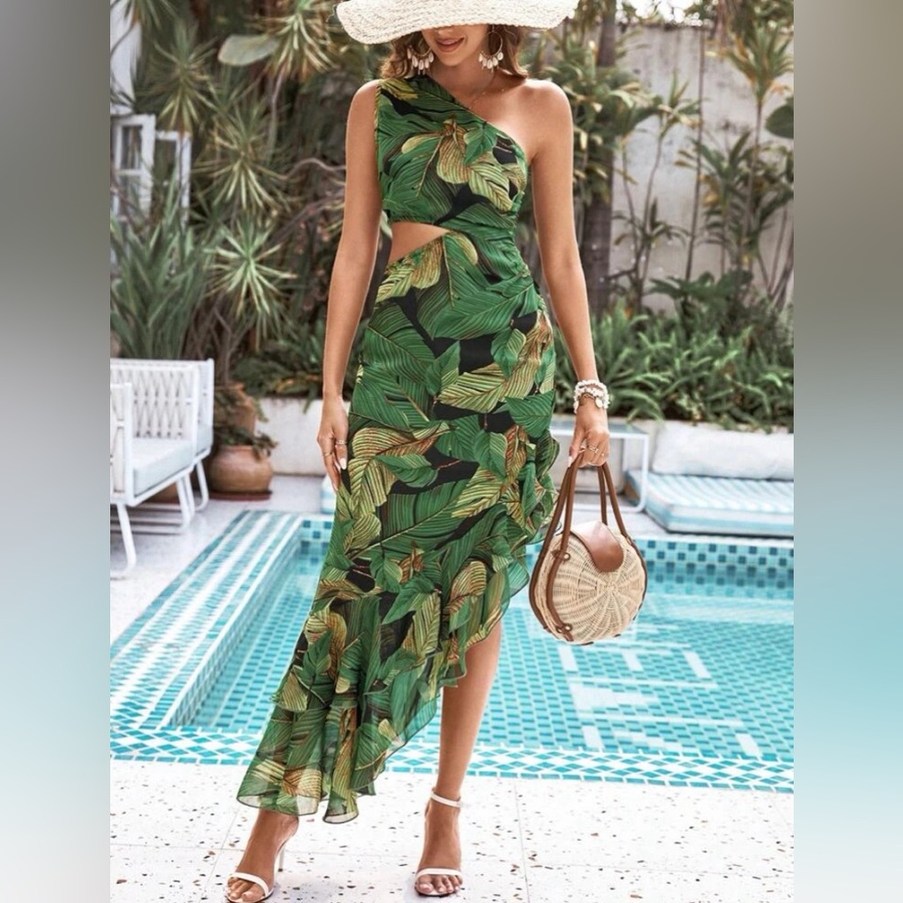 Green Tropical One-Shoulder Cutout Maxi Dress